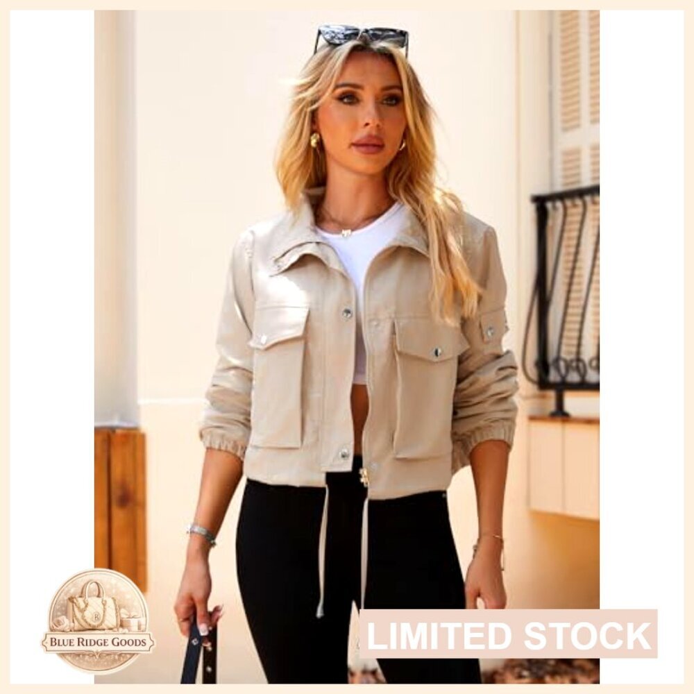 Cropped Bomber Jacket Lightweight Utility Anorak Zip Up With Pockets Trendy - Picture 2 of 7